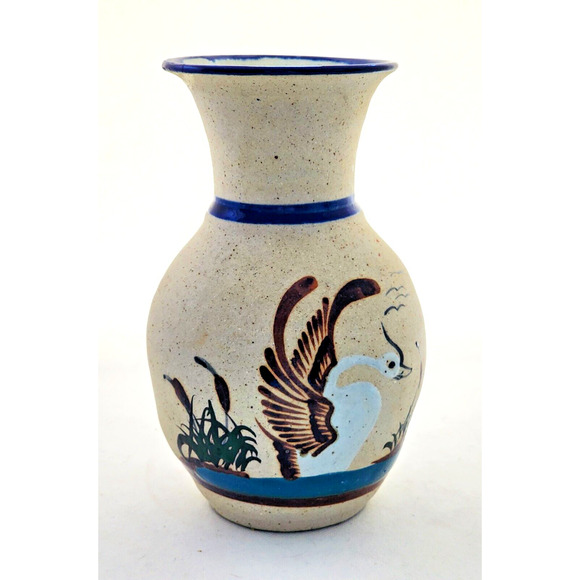 VASE-TONALA-MEXICAN-Cream Rough Finish-Blue Trim-Bird-Hand Painted-8" Tall - Picture 1 of 9